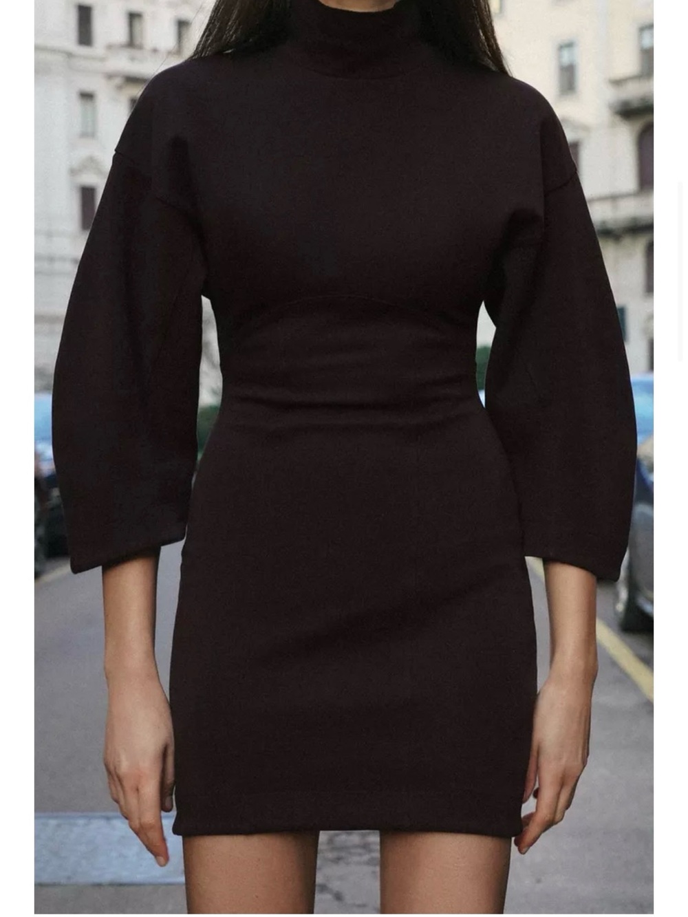 Zara Chocolate Mock-Neck Balloon Sleeve Mini Dress